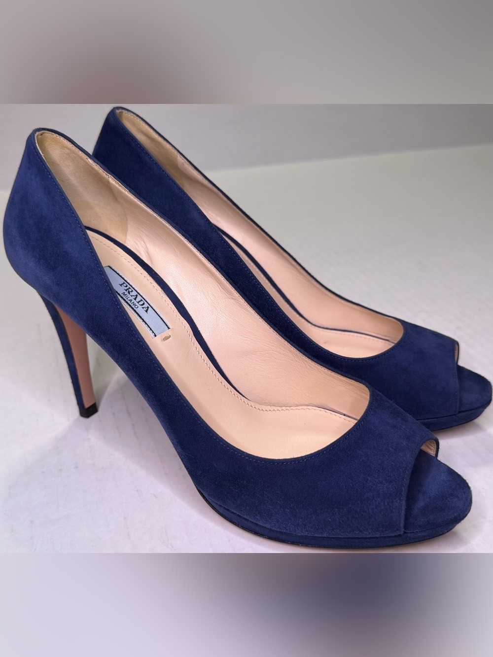 Prada Navy Blue Suede Peep Toe Pumps Platform Heels Size 38.5 Italy Sandal